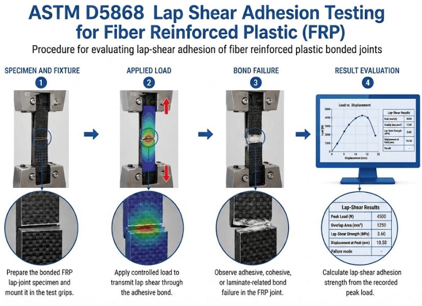 This image shows a fiber-reinforced plastic bonded lap joint installed in a universal testing machine for ASTM D5868 lap-shear adhesion testing.