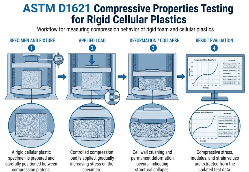 This image shows a rigid cellular plastic specimen undergoing compression testing between the platens of a universal testing machine according to ASTM D1621.