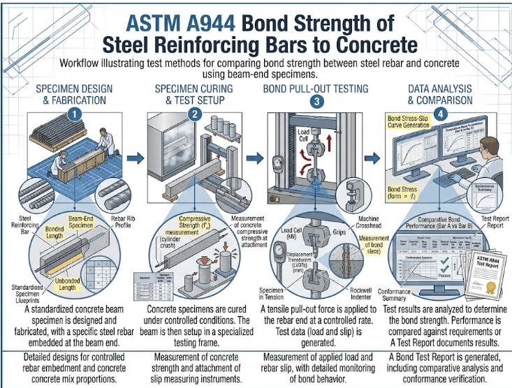 This image shows a beam-end concrete specimen containing a steel reinforcing bar during bond-strength testing according to ASTM A944