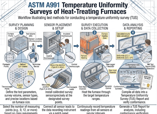 This image shows calibrated temperature sensors positioned throughout a heat-treatment furnace during an ASTM A991 temperature uniformity survey.