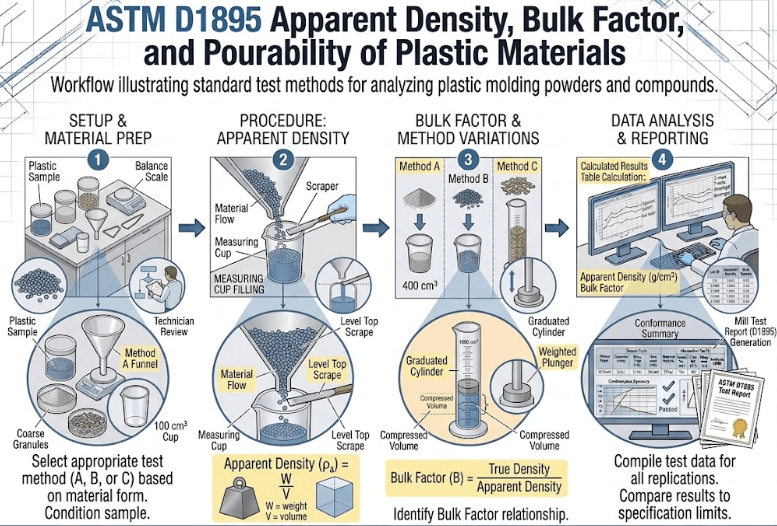  This image shows particulate plastic material being evaluated for apparent density using a calibrated container and weighing equipment according to ASTM D1895.