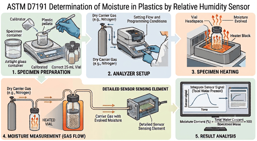 The image shows the testing procedure for determining moisture content in plastics by relative humidity sensor as per ASTM D7191.