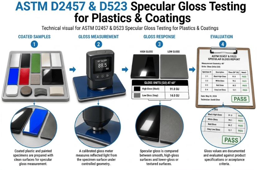 This image shows a glossmeter measuring specular gloss on a plastic surface according to ASTM D2457.