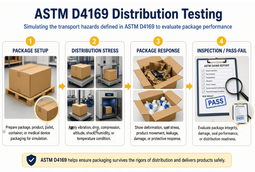 This image shows a shipping container undergoing performance testing to evaluate its ability to withstand simulated distribution hazards according to ASTM D4169.