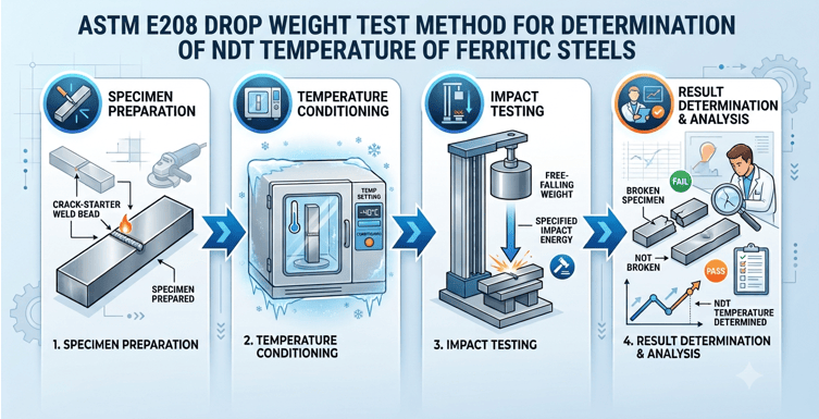 The image shows the drop-weight testing method used to determine NDT temperature as per ASTM E208.
