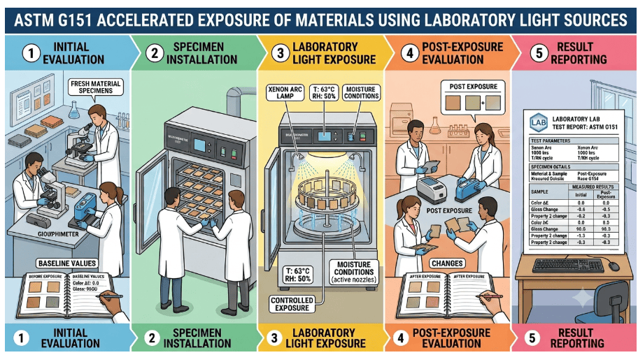  The image shows the procedure for accelerated laboratory light exposure testing of nonmetallic materials as per ASTM G151.