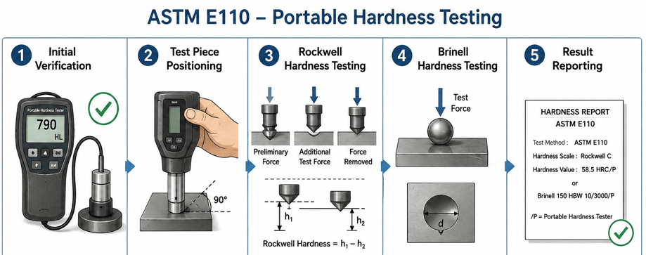 The image shows the hardness testing procedure of metallic materials using portable hardness testers according to ASTM E110.