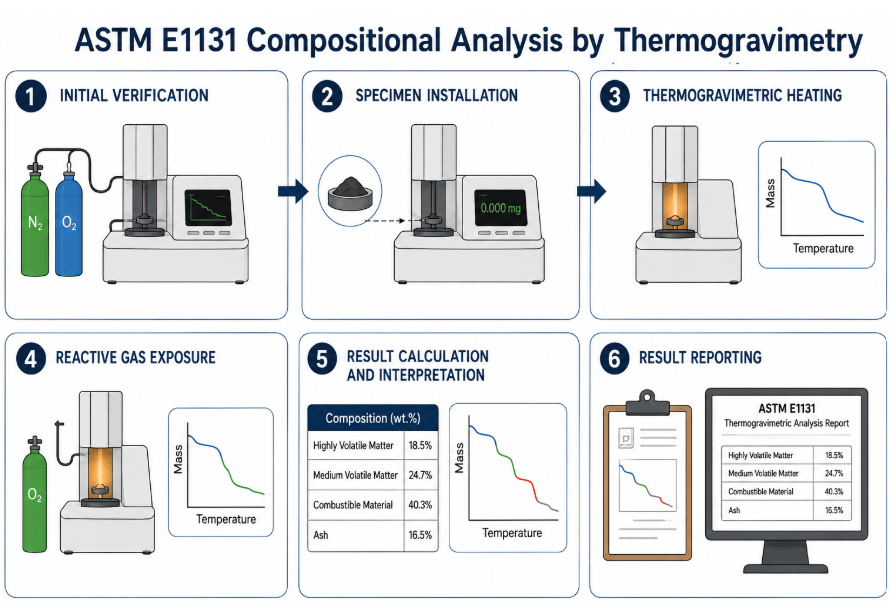 The image shows the procedure for compositional analysis by thermogravimetry as per ASTM E1131.