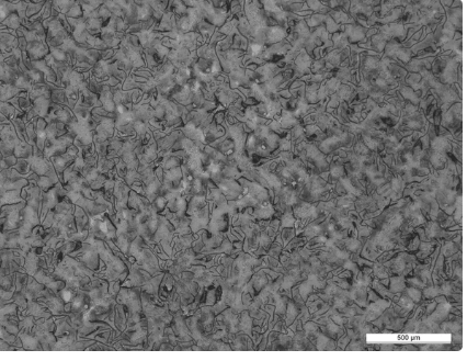 The image shows the microstructure of graphite in iron casting at 500µm for evaluation by ASTM A247. 