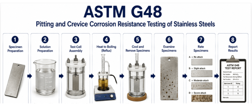  The image shows an ASTM G48 process showing stainless steel specimen preparation, ferric chloride solution exposure, controlled temperature testing, specimen cleaning, corrosion inspection, measurement, and result evaluation.