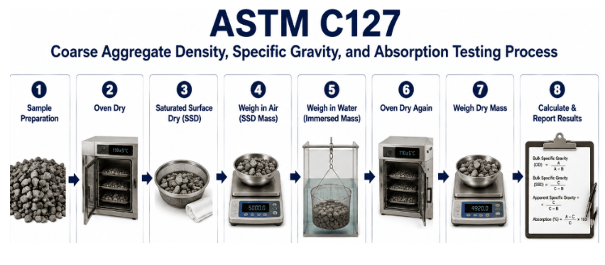  The image shows an ASTM C127 testing process, coarse aggregate sample preparation, water saturation, saturated-surface-dry and submerged mass measurement, oven drying, and calculation of density, relative density, and absorption.
