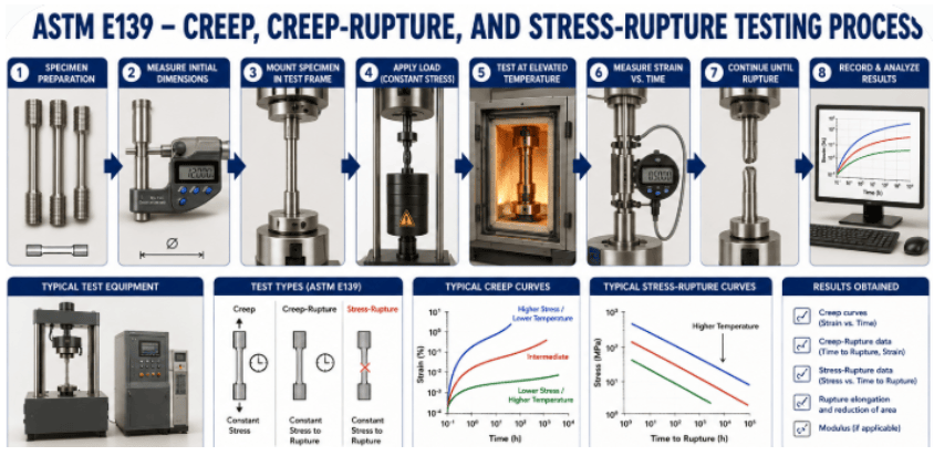 The image shows an ASTM E139 testing process showing metallic specimen preparation, specimen installation, application of sustained stress and controlled temperature, monitoring of deformation and rupture behavior, data collection, and result determination.