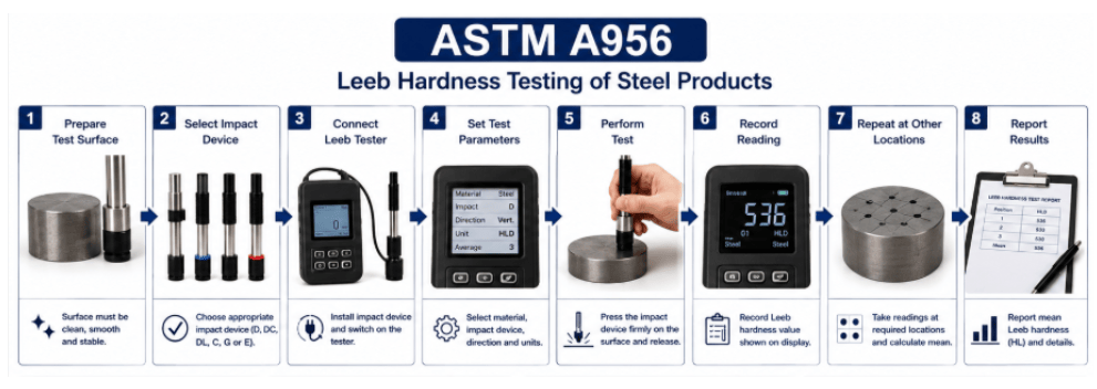 The image shows the ASTM A956 testing process, including steel surface preparation, Leeb hardness tester setup, impact device contact, controlled impact, rebound measurement, hardness reading, and data evaluation.
