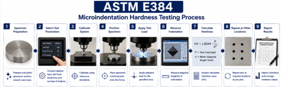 The image shows an ASTM E384 process, specimen surface preparation, diamond indenter positioning, controlled indentation, microscope measurement, hardness calculation, and result evaluation.