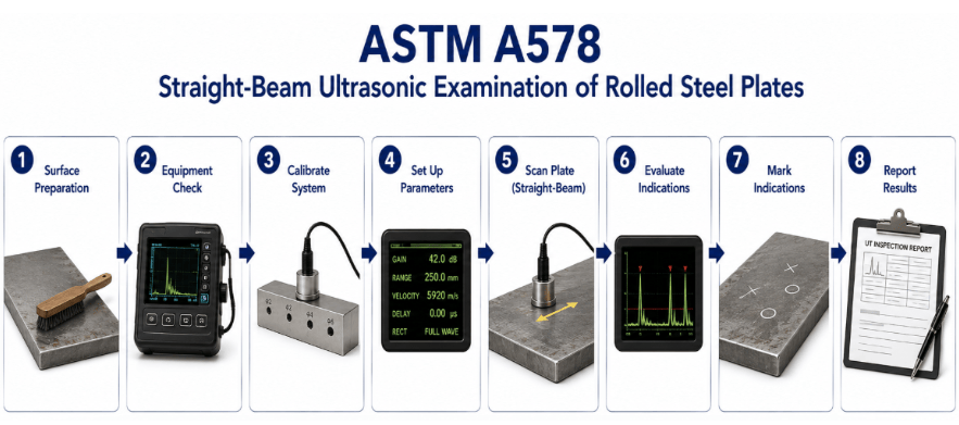 The image shows an ASTM A578 process showing steel plate preparation, ultrasonic equipment verification, couplant application, straight-beam scanning, indication detection, data evaluation, and acceptance assessment.
