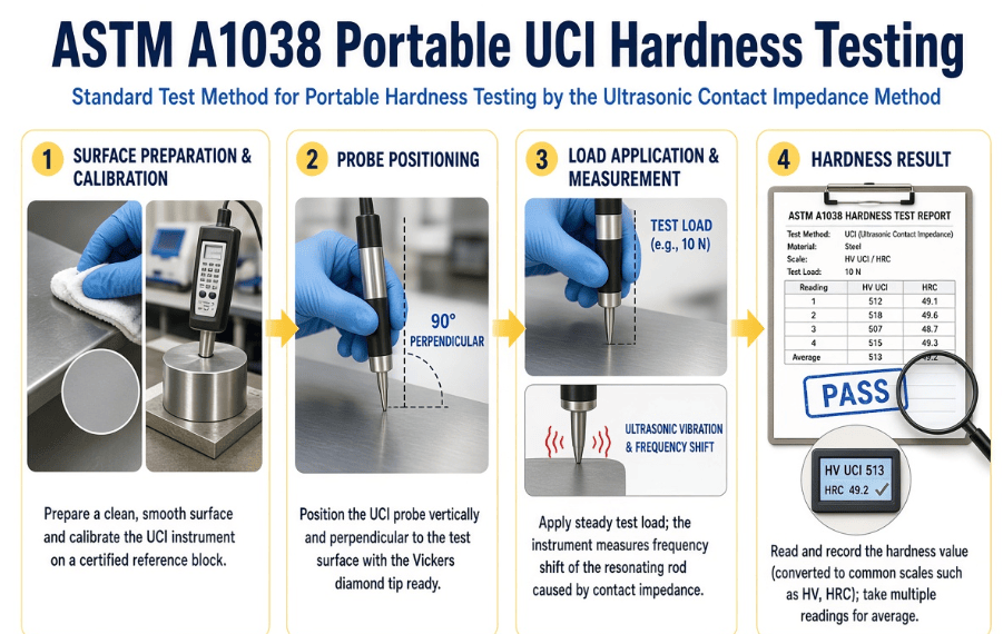  Portable Ultrasonic Contact Impedance hardness tester measuring the hardness of a metallic component during ASTM A1038 testing.