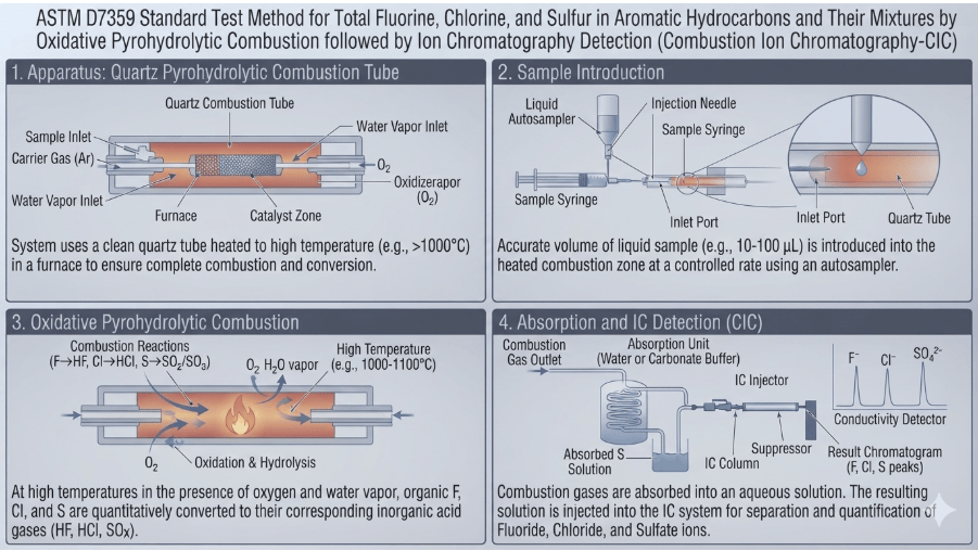  This image depicts a quartz pyrohydrolytic combustion tube used to determine the content of chemicals as per ASTM D7359.