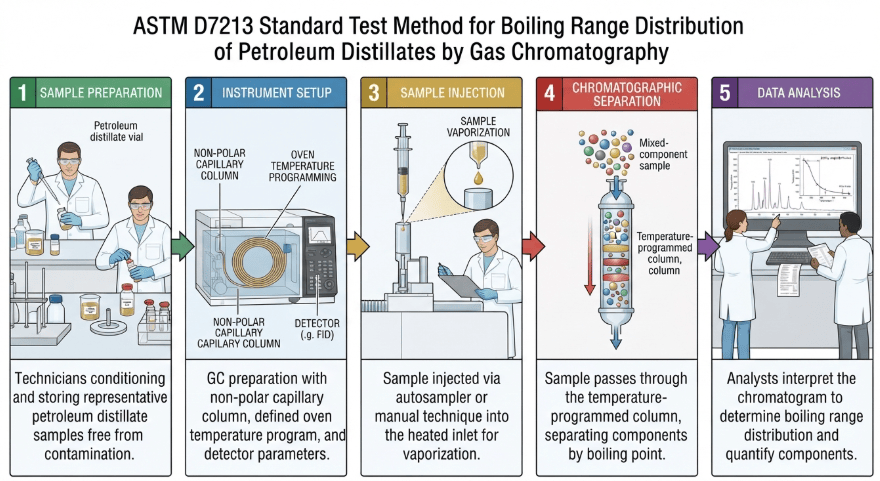  The image shows a gas chromatograph with a temperature-programmed oven, non-polar capillary column, and flame ionization detector used for boiling range distribution analysis of petroleum distillates as per ASTM D7213.