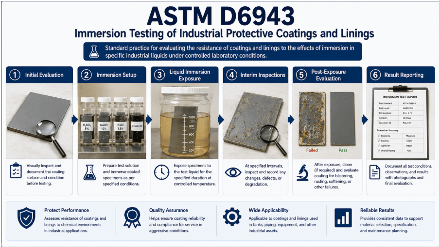  The image shows industrial protective coating immersion testing by controlled chemical exposure, including Initial Evaluation, Immersion Setup, Liquid Immersion Exposure, Interim Inspections, Post-Exposure Evaluation, and Result Reporting