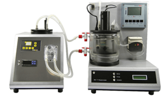 Image shows a respirometer system used to measure the aerobic biodegradation of plastic materials in marine environments by tracking the evolution of carbon dioxide over time, as discussed in ASTM D6691.