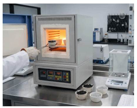 The image shows a muffle furnace that removes the matrix through ignition or carbonization procedures during ASTM D3171 testing.