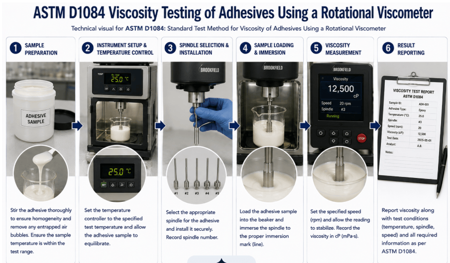  The image depicts an adhesive sample being tested on a rotational viscometer as per ASTM D1084.