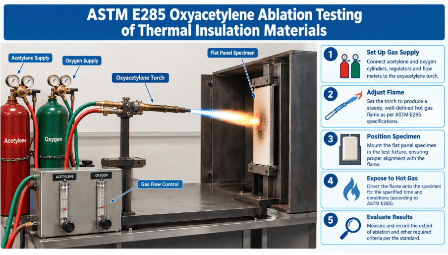  The image depicts an oxyacetylene ablation test setup with a flat panel specimen being exposed to a steady flow of hot gas according to ASTM E285.