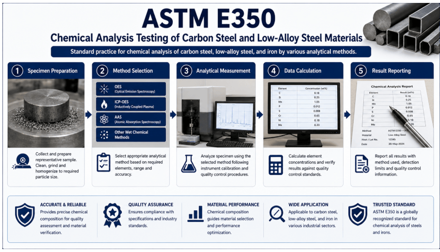  This infographic shows chemical analysis testing for carbon steel and low-alloy steel by various analytical methods, including specimen preparation, method selection, analytical measurement, data calculation, and result reporting.