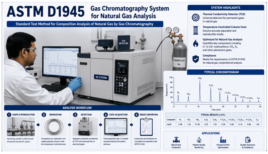 Alt text: The image shows a laboratory technician operating a gas chromatograph equipped with a thermal conductivity detector (TCD) and temperature-controlled column oven for natural gas compositional analysis per ASTM D1945