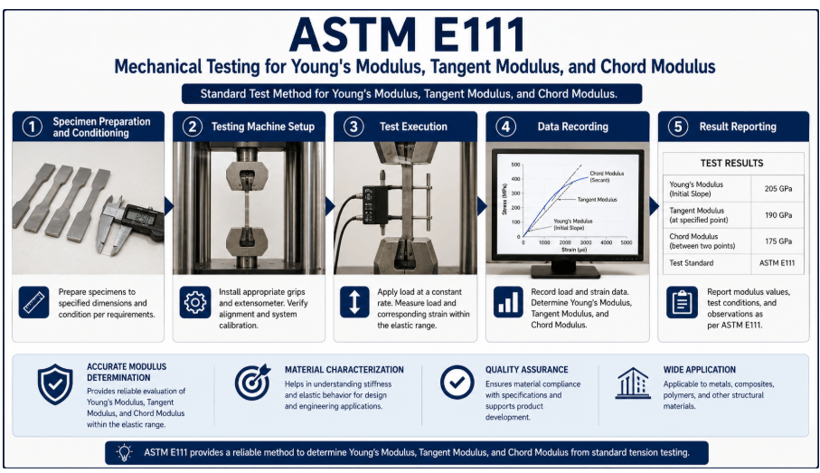  This infographic shows structural material modulus testing by a universal testing machine, including specimen preparation and conditioning, testing machine setup, test execution, data recording, and result reporting.
