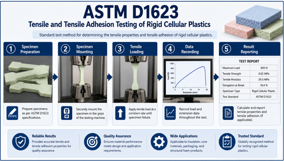  The image shows rigid cellular plastic tensile testing by a universal testing machine, including specimen preparation, specimen mounting, tensile loading, data recording, and result reporting.