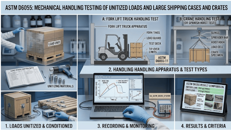 ASTM D6055 testing process showing preparation and inspection of a large shipping unit, mechanical handling with applicable lifting equipment, post-handling inspection, and evaluation of load integrity and package damage.