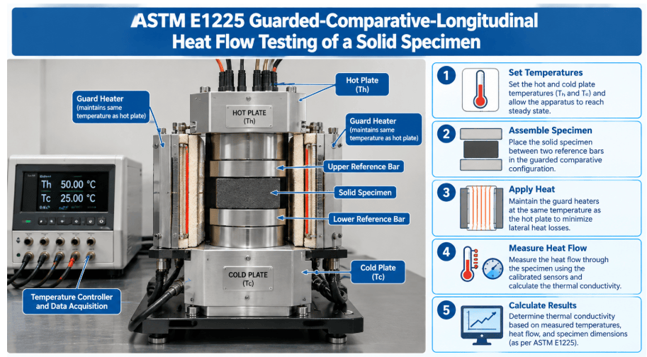 The image shows a solid material specimen stacked between two reference bars in a guarded comparative apparatus for thermal conductivity testing.