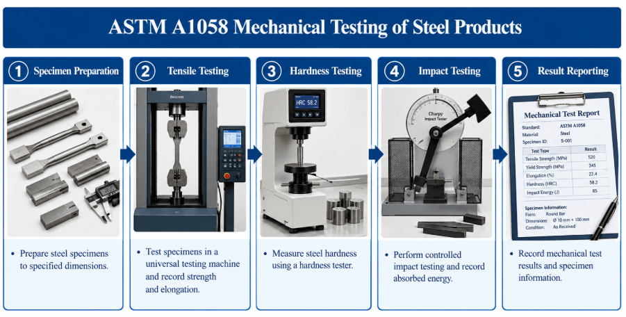 The image depicts mechanical testing equipment (universal testing machine, hardness tester, and impact tester) used for testing steel products according to ASTM A1058.