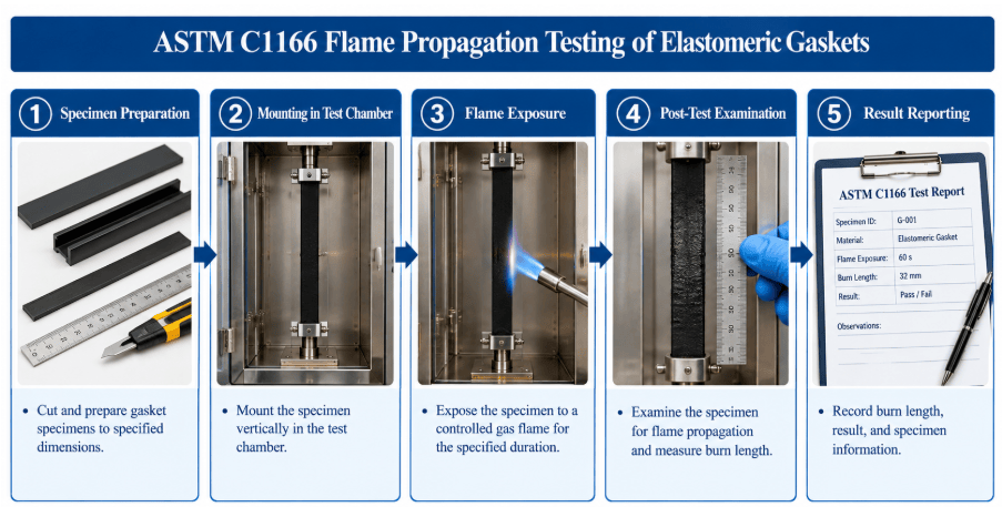  The image depicts an elastomeric gasket specimen mounted vertically in a test chamber being exposed to a gas flame according to ASTM C1166.
