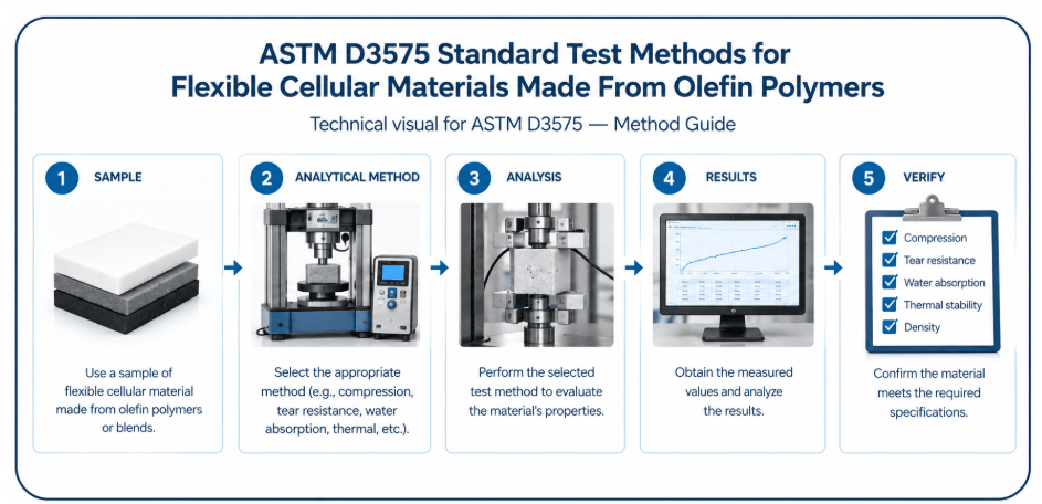 The image shows flexible cellular polymer specimens undergoing ASTM D3575 testing for mechanical, physical, and thermal properties.