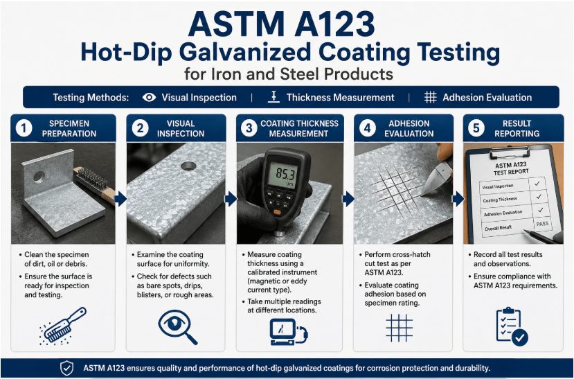 The image shows hot-dip galvanized coating testing by visual inspection, thickness measurement, and adhesion evaluation, including specimen preparation, visual inspection, coating thickness measurement, adhesion evaluation, and result reporting.
