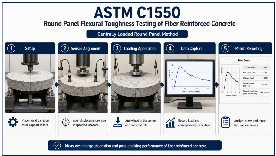 This infographic shows fiber-reinforced concrete flexural toughness testing by centrally loaded round panel method, Setup, Sensor Alignment, Loading Application, Data Capture, Result Reporting