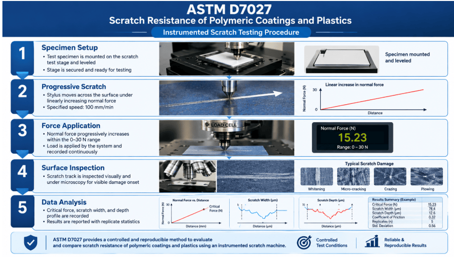The image depicts a spherical-tipped stylus being drawn across a plastic specimen surface under progressive normal force during ASTM D7027 scratch resistance testing.