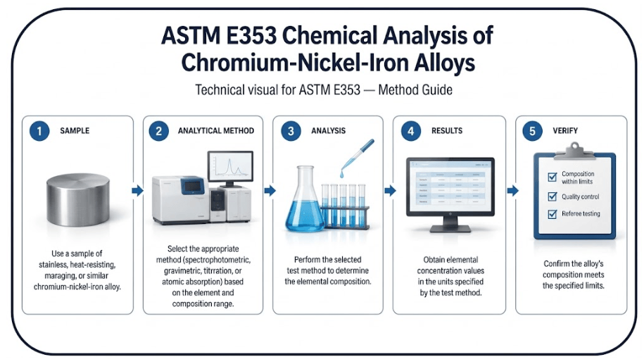 The image shows the ASTM E353 sequence, from alloy sample preparation through analytical measurement by spectrophotometric, gravimetric, titration, or atomic absorption technique to elemental concentration reporting.