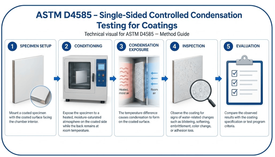  The image shows a coated specimen mounted in a condensation chamber with the coated face exposed to heated vapor and the reverse face cooled by room air according to ASTM D4585.
