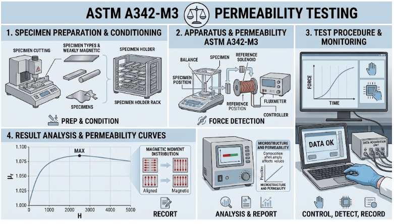 The image shows an ASTM A342 testing process, preparation of a weakly magnetic material specimen, magnetic measurement equipment, calibration reference, controlled magnetic-field measurement, permeability evaluation, and data recording.