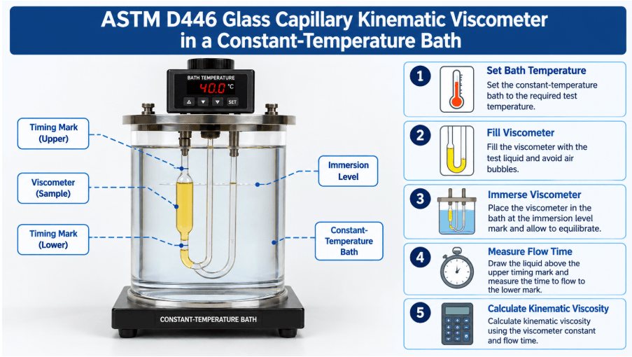 The image shows a glass capillary viscometer holding a liquid sample in a constant-temperature bath as per ASTM D446.