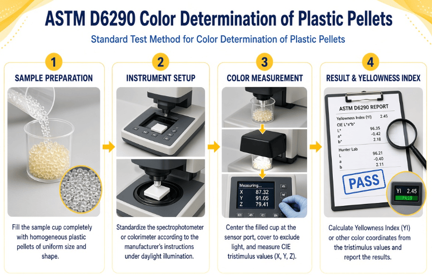  The image shows plastic pellets contained in a clear sample cup during instrumental color measurement according to ASTM D6290.