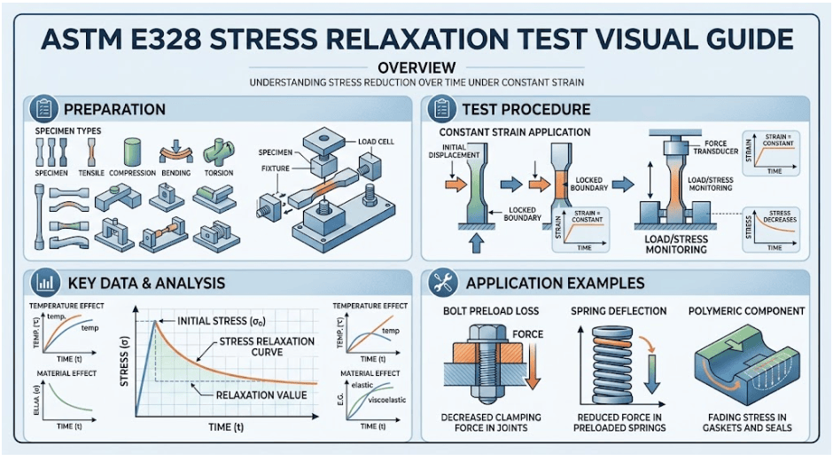 The image shows material specimens maintained under approximately constant strain during ASTM E328 stress-relaxation testing while stress decreases over time.
