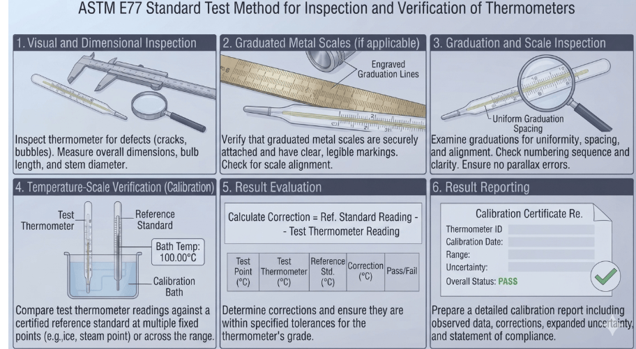  This image depicts a graduated metal scale used to determine thermometer measurements as per ASTM E77.