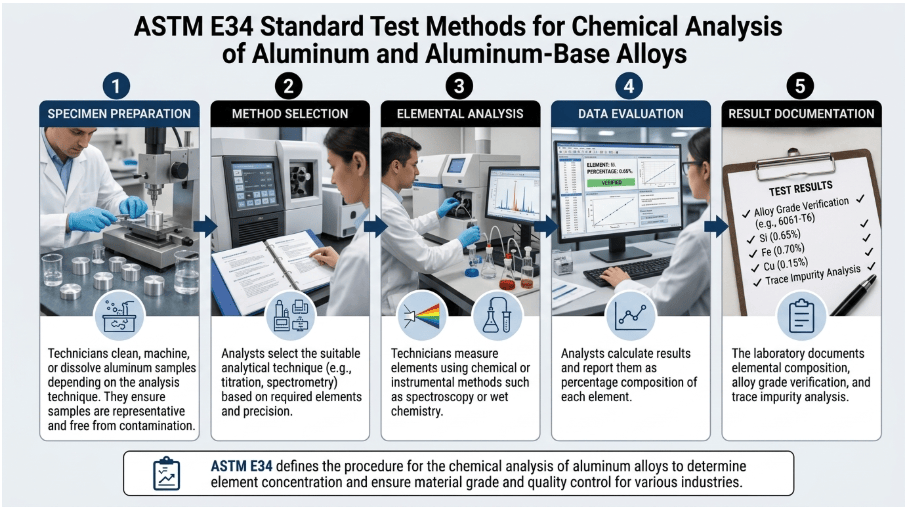 The image shows laboratory equipment including spectrometers, an analytical balance, and wet chemistry apparatus used for determining the chemical composition of aluminum and aluminum-based alloys as per ASTM E34.