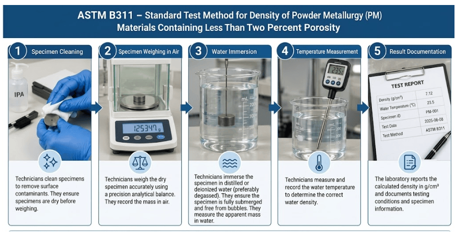  A diagram showing the ASTM B311 water displacement density testing process for powder metallurgy materials, with a flowchart representing the complete test procedure.