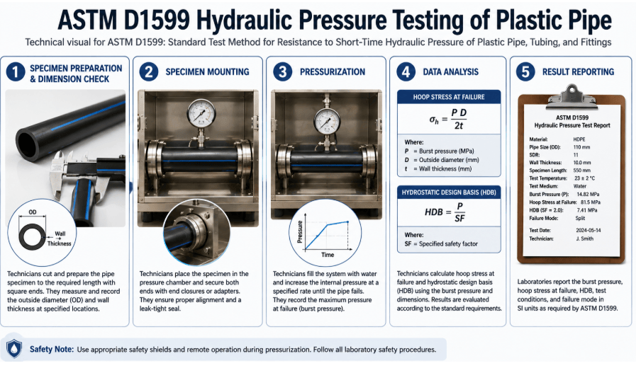  The image depicts a plastic pipe specimen mounted in a pressure test chamber for hydraulic burst testing as per ASTM D1599