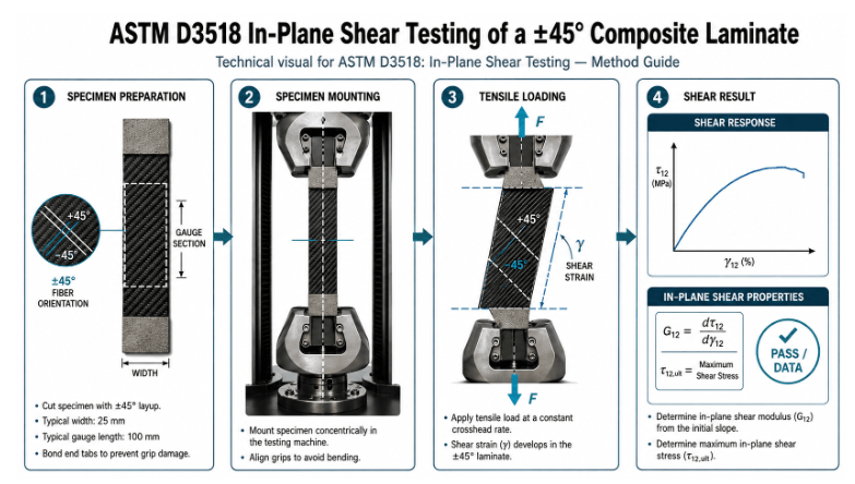 The image depicts a composite laminate specimen mounted in a universal testing machine for in-plane shear testing as per ASTM D3518.